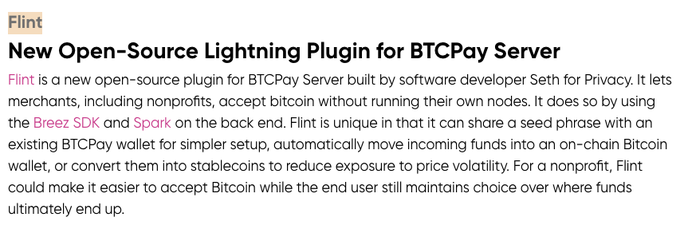A CoinDesk article titled "New Open-Source Lightning Plugin for BTCPay Server" highlights Flint, a new plugin developed by Seth for Privacy that enables merchants to accept bitcoin via noncustodial Lightning payments using Breez SDK and Spark. The article notes the caption references @HRF's Financial Freedom Report, where Flint was featured, and mentions its use at Cake.