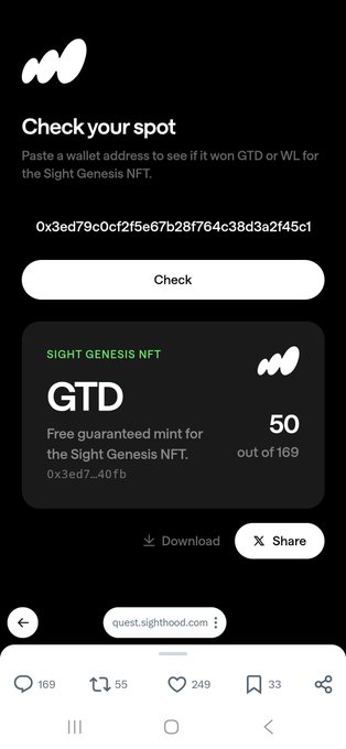 A mobile web page for checking Sight Genesis NFT whitelist or guaranteed mint (GTD) status, showing a wallet address check interface with 50 out of 169 GTD spots remaining.