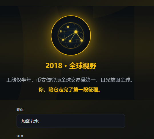 A black promotional graphic with a glowing yellow network globe logo reading '2018 • 全球视野' (Global Vision), celebrating a milestone as the top global exchange by trading volume with a nickname field showing '加密老炮'.