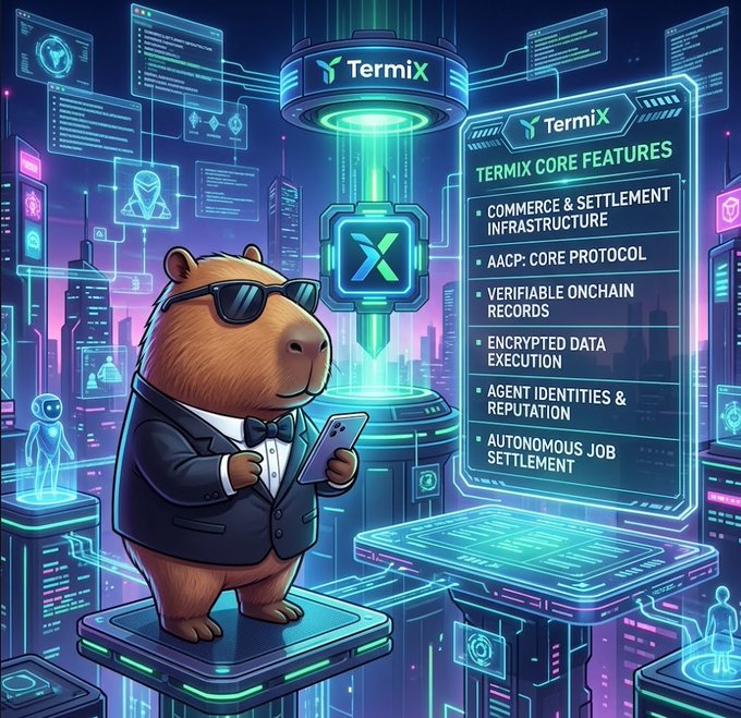 A cartoon capybara in a tuxedo and sunglasses holds a phone in a futuristic neon cyberpunk city, alongside a 'TermiX' panel listing 'TERMIX CORE FEATURES' including Commerce & Settlement Infrastructure, AACP Core Protocol, Verifiable Onchain Records, Encrypted Data Execution, Agent Identities & Reputation, and Autonomous Job Settlement.