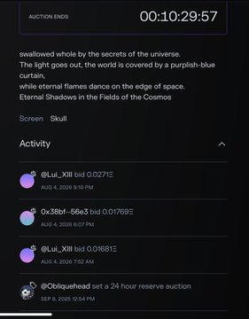 A mobile app screenshot showing an auction countdown of 00:10:29:57 for an item described as 'swallowed whole by the secrets of the universe,' with recent bids from users @Lui_XIII and 0x38bf...56e3.