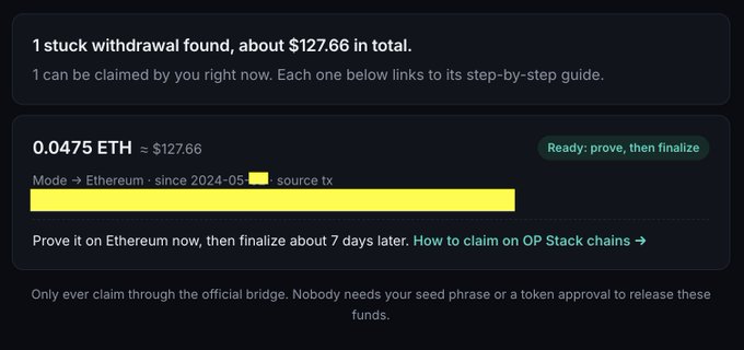 A screenshot from a bridge asset recovery tool showing "1 stuck withdrawal found, about $127.66 in total," specifically displaying 0.0475 ETH (≈$127.66) from Mode → Ethereum that is "Ready: prove, then finalize," illustrating the user's discovery of forgotten bridge funds.