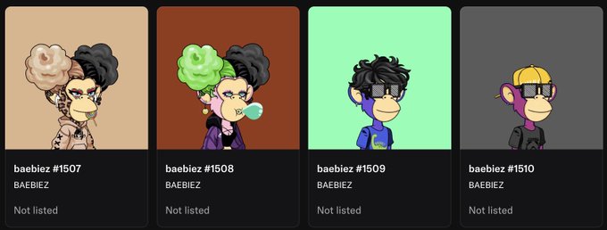 Four NFT character portraits from the "BAEBIEZ" collection are displayed in cards numbered #1507 through #1510, each marked as "Not listed".