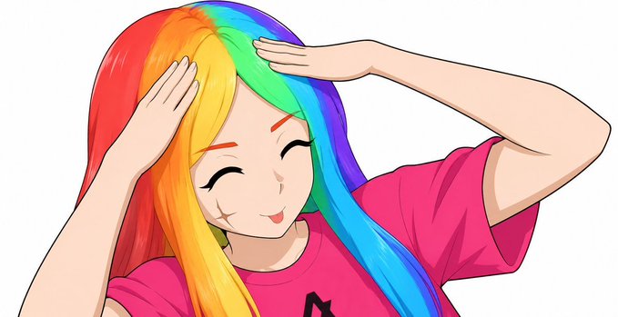 An anime-style illustration of a smiling girl with long rainbow-colored hair, wearing a pink shirt, with both hands raised to her forehead in a playful pose.