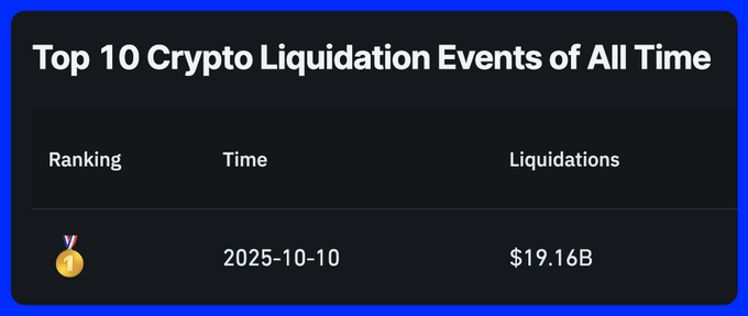 The image displays a "Top 10 Crypto Liquidation Events of All Time" leaderboard ranking, with October 10, 2025, claiming the #1 spot with $19.16 billion in liquidations—matching the post's claim of the largest liquidation event in crypto history, which wiped out positions for 1.6 million traders.