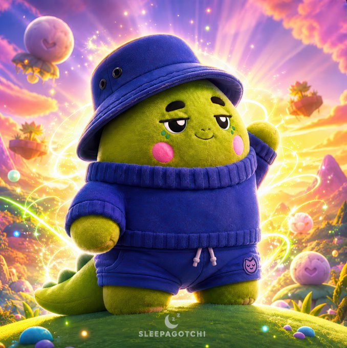 A digital illustration of a cute green dinosaur-like creature wearing a blue bucket hat and matching sweater, with the watermark 'SLEEPAGOTCHI' at the bottom.