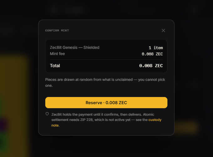 A 'Confirm Mint' dialog box for ZecBit Genesis — Shielded showing a mint fee and total of 0.008 ZEC with a yellow 'Reserve' button.
