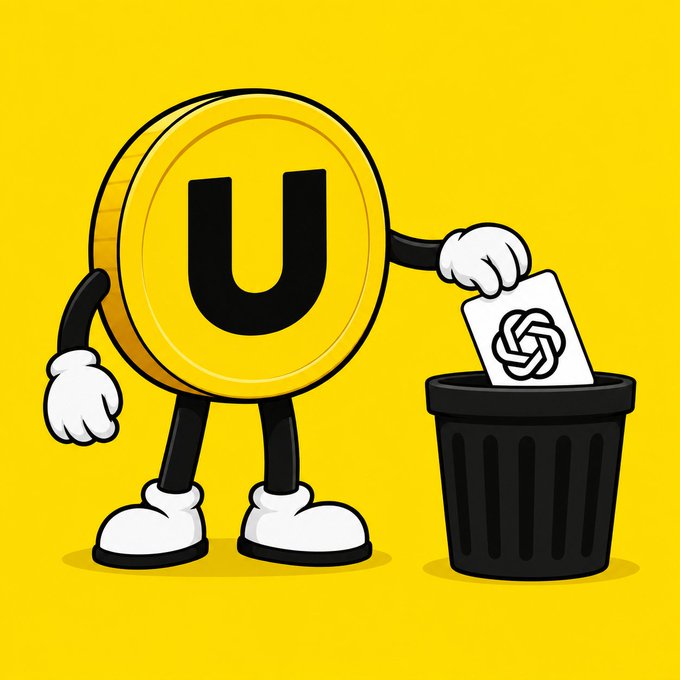 A cartoon "U" coin character with gloves throws a paper marked with the ChatGPT logo into a trash bin, visually reinforcing the post's message that "OpenAI is Useless."