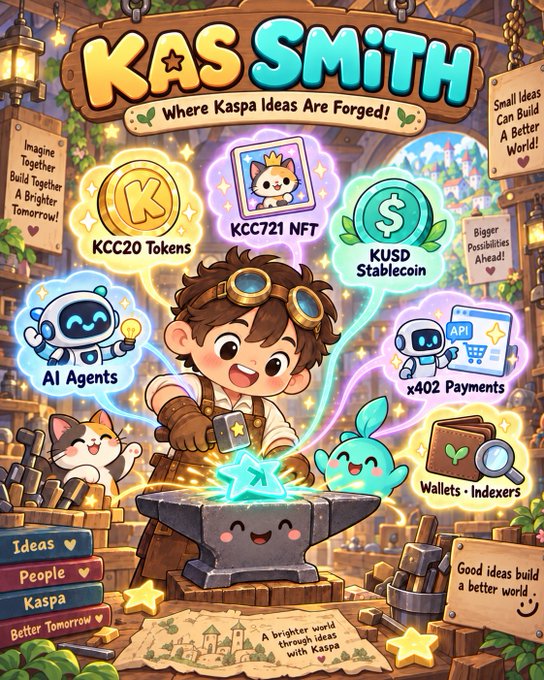 A vibrant promotional graphic titled 'KAS SMITH - Where Kaspa Ideas Are Forged!' featuring a cartoon blacksmith working at an anvil, surrounded by icons labeled 'KCC20 Tokens', 'KCC721 NFT', 'KUSD Stablecoin', 'AI Agents', 'x402 Payments', and 'Wallets · Indexers'.