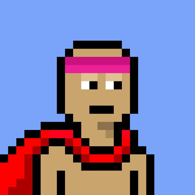A pixel art image of a character with a pink headband, beard, and red sash on a blue background.