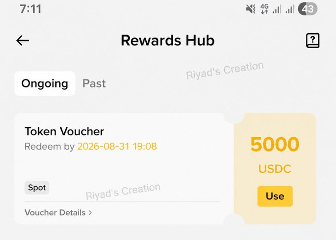 A screenshot of the Binance "Rewards Hub" shows an ongoing "Token Voucher" of 5000 USDC redeemable until 2026-08-31, confirming the user's claim of receiving the Top 1 prize from the Binance July Referral Tournament.
