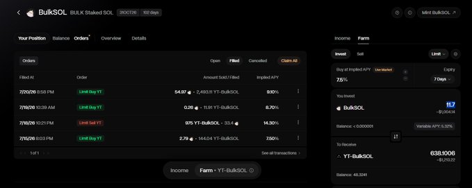 BulkSOL DeFi platform interface showing order history with Limit Buy/YT orders for BulkSOL, displaying an invested amount of ~1,167 and a yield of 7.6% with 7 days to expiry.