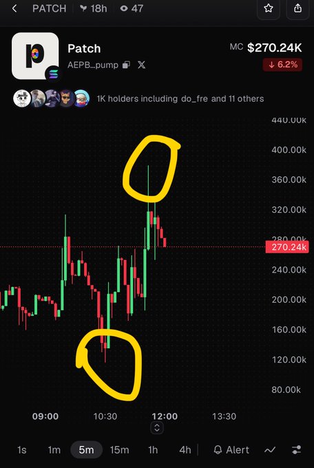 A cryptocurrency chart for 'Patch' token ($270.24K, down 6.2%) showing candlestick price movements with two areas circled in yellow highlighting a downward dip around 10:30 and an upward spike near 12:00.