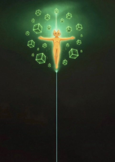 A glowing orange cat-girl figure floats in a cosmic green void, arms outstretched, surrounded by floating green geometric cubes, connected to a vertical beam of light below.

The image evokes a sense of mystical ascension and cosmic triumph, visually representing the post's optimistic vision of $CETS breaking out of its range and propelling the holder to extraordinary wealth.