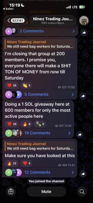 A screenshot of a mobile Telegram channel named 'Ninez Trading Jou...' shows posts seeking 'bag workers for Saturday' and promising participants will 'make a SHIT TON OF MONEY'.