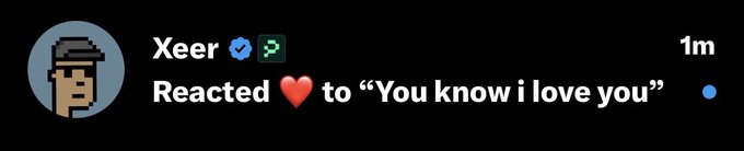 A social media notification showing user 'Xeer' reacted with a heart to a post titled 'You know i love you'.