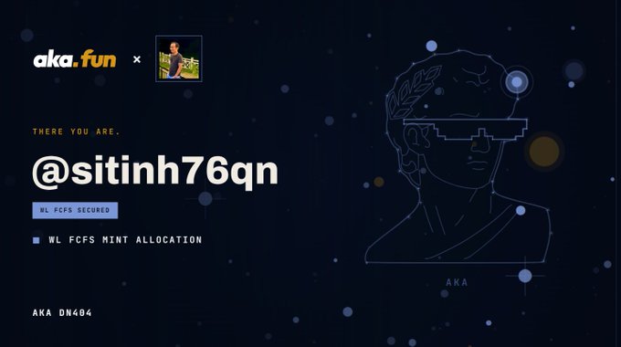 A digital graphic from aka.fun showing the username '@sitinh76qn' with text 'THERE YOU ARE.', 'WL FCFS - SECURED', and 'WL FCFS MINT ALLOCATION' alongside a line drawing of a Roman figure wearing a laurel wreath.