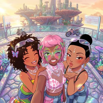 An illustrated selfie-style image showing three smiling young women taking a photo in a futuristic floating city setting.
