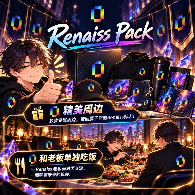 An anime-style promotional graphic titled "Renaiss Pack" featuring a young man giving a thumbs up alongside merchandise like a hoodie, cap, and tumblers, plus a scene of him dining with his boss; Chinese text advertises exclusive merchandise and a private dinner opportunity.