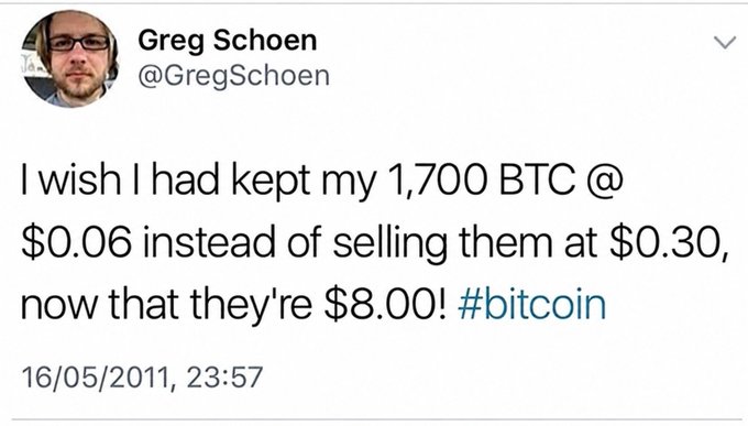 A tweet from Greg Schoen (@GregSchoen) dated 16/05/2011 reads: "I wish I had kept my 1,700 BTC @$0.06 instead of selling them at $0.30, now that they're $8.00! #bitcoin." This regret-filled early Bitcoin post reinforces the "remember this when you're feeling down" message—showing that even early holders who sold at perceived profits later wished they'd held through, a reminder that current holders often face the same temptation to sell too soon.