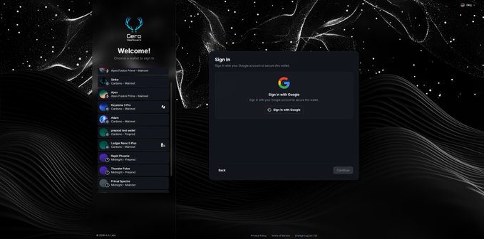 This image displays a split-screen interface for the Gero Wallet, showing a "Welcome!" login screen with various wallet options alongside a "Sign In" window featuring a "Sign in with Google" option. The visual demonstrates the ease of securing a web3 wallet using a familiar web2 Google account, as described in the post.