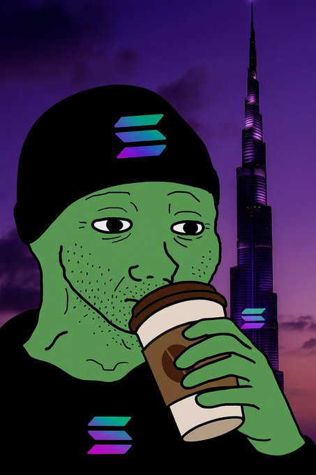 A cartoon illustration of a green-skinned Pepe the Frog character wearing a black beanie with the Solana logo, drinking coffee with the Burj Khalifa tower in the background.