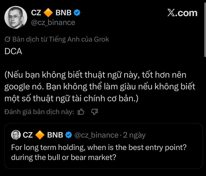 A Vietnamese-translated X post by CZ (cz_binance) discussing DCA (Dollar-Cost Averaging), noting: '(Nếu bạn không biết thuật ngữ này, tốt hơn nên google nó...)' with the original English quote about long-term holding entry points during bull or bear markets.