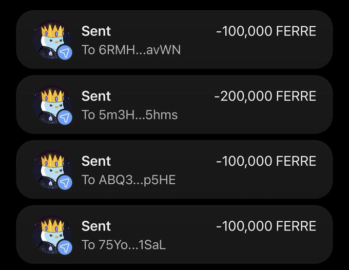 This image shows a record of several transactions where a total of -500,000 FERRE has been sent to different wallet addresses. This directly relates to the post which announces an airdrop and asks "Who wants? Send $FERRE higher".
