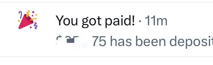 A notification from Cash App reads "You got paid!" and shows "$75 has been deposited," celebrating the user's first payment received without needing a verified blue checkmark.