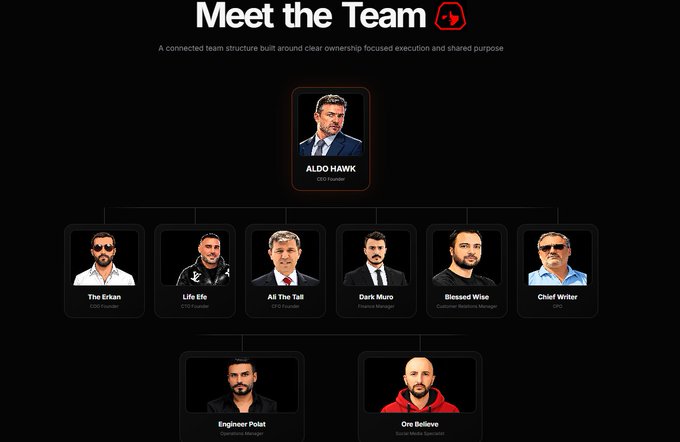 A "Meet the Team" organizational chart featuring Aldo Hawk (CEO/Founder) at the top, with team members including Tha Erkan, Life Efe, Ali The Tall, Dark Muro, Blessed Wise, Chief Writer, Engineer Poet, and Oro Believe arranged below.