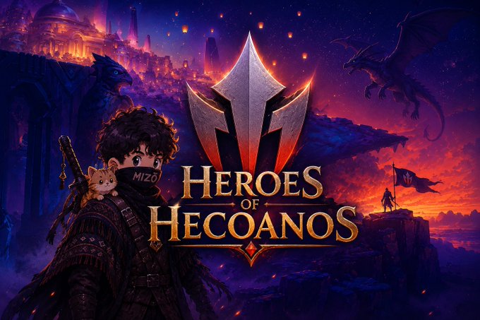 A fantasy video game cover titled 'HEROES OF HECOANOS' featuring a dark-haired anime-style boy with a cat on his shoulder, a dragon, and a dramatic fiery landscape.