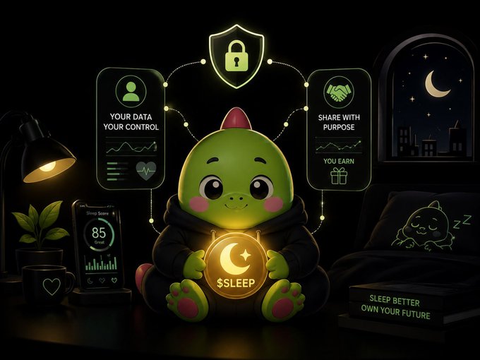 An illustration of a cute green dinosaur-like character holding a glowing '$SLEEP' token, surrounded by icons representing data privacy, sharing with purpose, and sleep tracking.