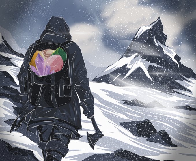 A hooded mountaineer trudges through a snowy, blizzard-swept mountain landscape, bearing a heavy pack filled with colorful stones and an axe in hand—visually embodying the post's message of silent endurance and the grueling burden of "950 stones" carried alone through relentless cold.