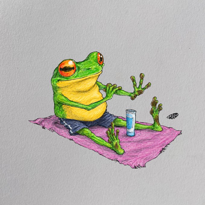 A watercolor and ink illustration of a green tree frog wearing blue shorts, sitting on a pink mat, reaching toward a small blue container with its multi-fingered hands.