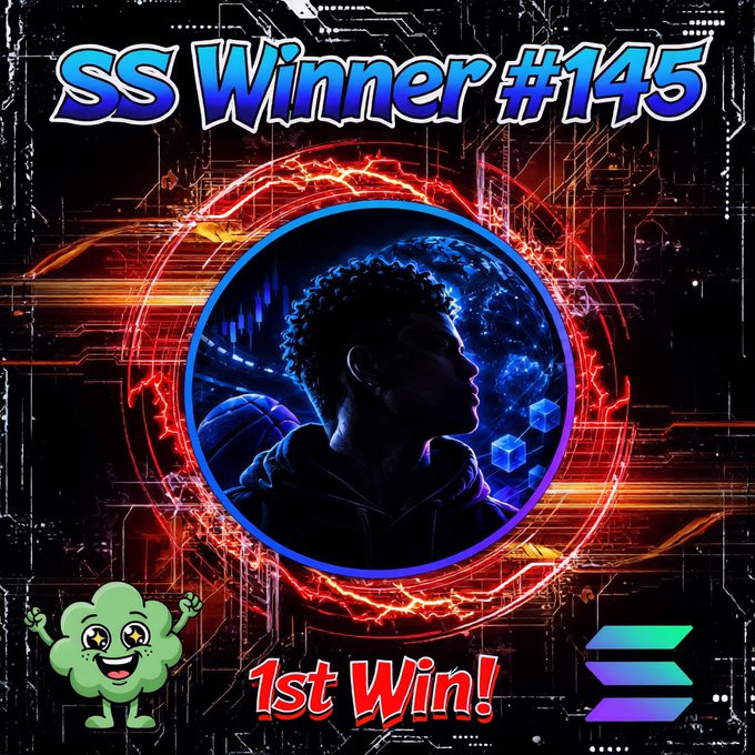 Promotional graphic reading 'SS Winner #145 1st Win!' featuring a profile illustration inside a glowing blue and red circular frame, alongside a green cartoon cloud mascot and a Solana logo.
