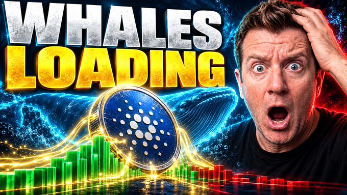 A shocked-looking man holds his head next to bold text reading 'WHALES LOADING' alongside a Cardano cryptocurrency logo, financial charts, and an underwater whale background.