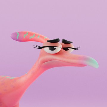 A 3D-rendered pink and green creature with large, expressive eyes and eyelashes against a light purple background.