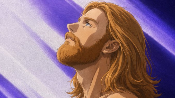 An anime-style illustration showing a bearded man with long brown hair looking upward against a background of diagonal purple and white stripes.