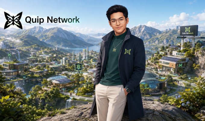 A promotional image for "Quip Network" featuring an Asian man in glasses and a green sweatshirt standing in front of a futuristic utopian cityscape with mountains, waterfalls, and the Quip Network logo.
