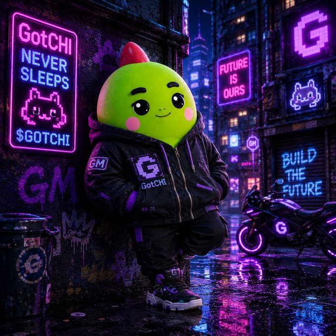 The image features a green character, likely a character from a video game or animated series, standing next to a wall with neon signs behind him. The character has a unique appearance that makes them stand out against the backdrop of the city lights. The neon signs are in shades of purple and pink, adding to the overall atmosphere of the scene.

The image also contains text related to cryptocurrency, which is likely part of an advertisement or promotional material for a product or service. This adds an interesting element to the scene as it contrasts with the character's vibrant green color and the urban setting. The combination of the character, neon signs, and cryptocurrency-related text creates an intriguing visual experience that captures viewers' attention.