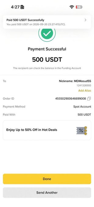 A mobile screenshot showing a successful payment of 500 USDT, sent to nickname MDMasud55, via Spot Account payment, with a prompt for up to 50% off on Hot Deals.