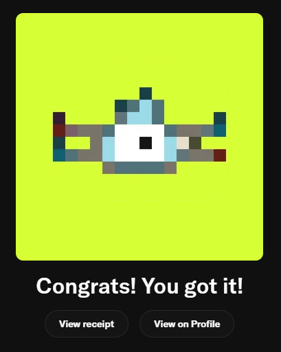 A pixel art character on a bright green background with the text 'Congrats! You got it!' and buttons for 'View receipt' and 'View on Profile'.
