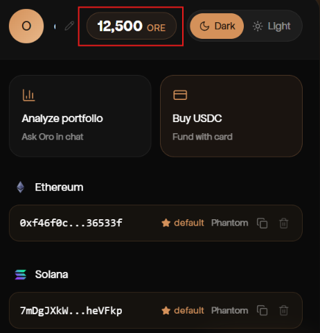 The image shows a wallet interface displaying a balance of 12,500 ORE points alongside options to analyze portfolio or buy USDC, with connected Ethereum (0xf46f0c...36533f) and Solana (7mDgJXkw...heVFkp) addresses via Phantom wallet. This relates to the ORO × Ondo Points Campaign by highlighting the ORE token balance users can earn through completing learning tasks, showcasing real rewards tied to campaign participation.