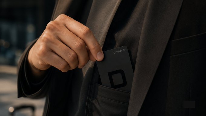 A man in a suit slips a sleek black "DCENT S" hardware wallet (marked with a large "D" logo) into his breast pocket, visually reinforcing the post's message of pocket-sized, everyday self-custody across 100+ chains.