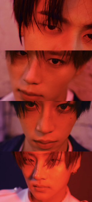 A vertical collage of four close-up photos of a young man's face bathed in intense red lighting, showing various intense expressions.