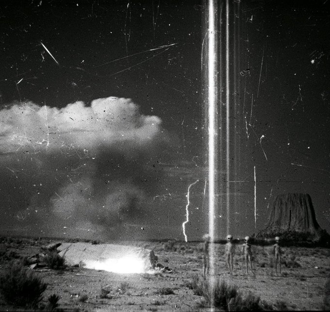 A vintage black-and-white photograph showing a desert landscape with Devil's Tower in the background, featuring bright vertical light beams, lightning, and small alien-like figures in the foreground.