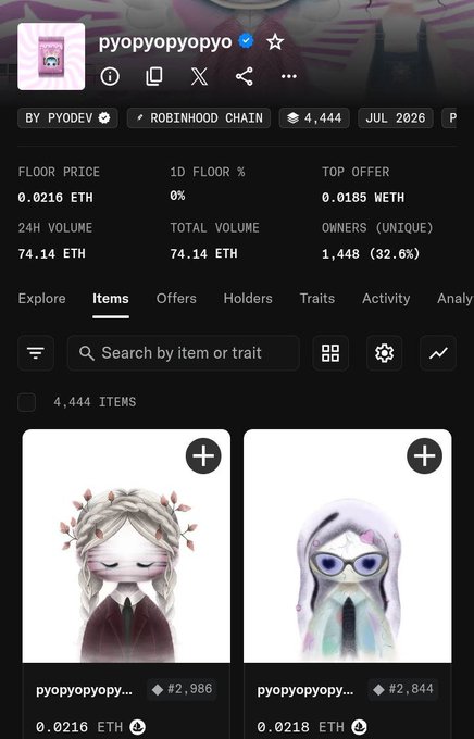 An NFT marketplace listing for 'pyopyopyopyo' on the Robinhood Chain, showing 4,444 items, a floor price of 0.0216 ETH, and 1,448 unique owners.