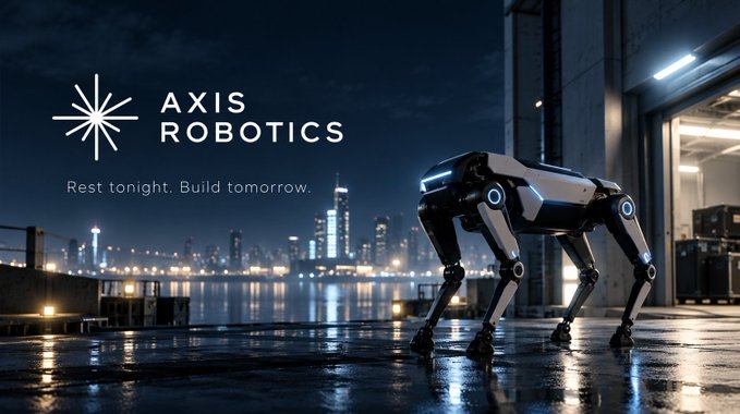 A promotional banner for 'AXIS ROBOTICS' featuring a four-legged robotic dog on a wet waterfront at night with a city skyline, including the tagline 'Rest tonight. Build tomorrow.'