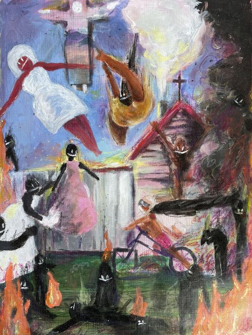 A chaotic, expressionist painting depicting a dark, surreal scene of figures fleeing flames near a burning church with a cross, while a bearded figure and an angel-like being float in the sky above. The fiery, apocalyptic imagery evokes themes of catastrophe and salvation, complementing the artwork's title "Good Things Don't Fall From the Sky" by KIM0, listed as available for 0.4 ETH.