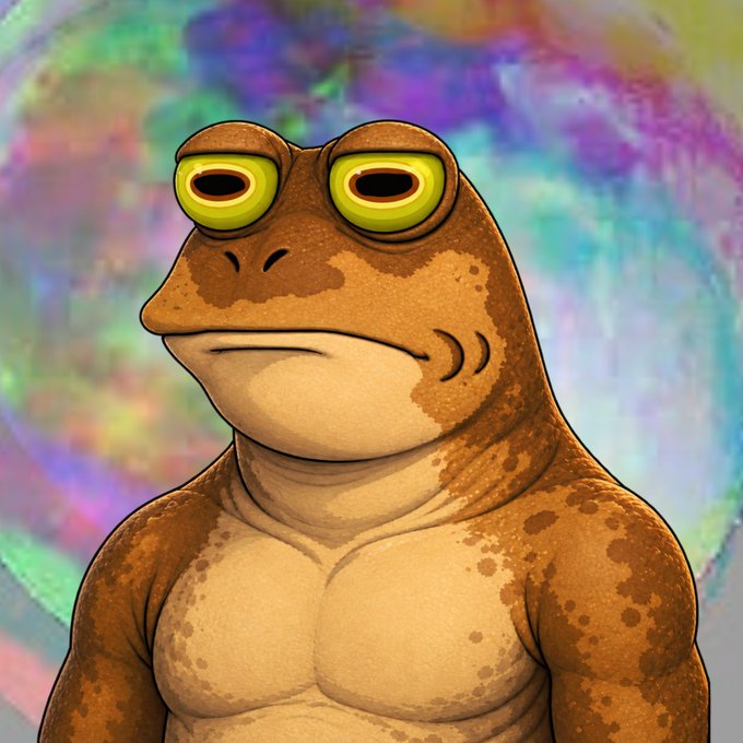A cartoon illustration of a muscular brown frog-like creature with large green eyes, set against a colorful watercolor background.